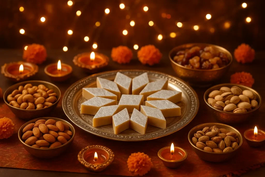 Satadhar Sweets Diwali table with Kaju Katli in a silver plate, surrounded by roasted cashews, almonds, pistachios, and dry fruit punch with diyas and marigold flowers.