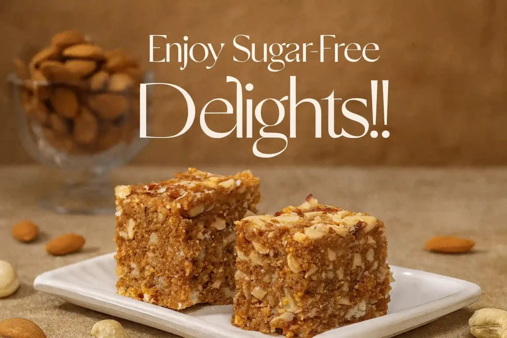 Sugar-free Adadiya Pak squares made with almonds, cashews, and traditional Gujarati ingredients displayed on a white plate — healthy Kathiyawadi winter sweet by Satadhar Sweets.